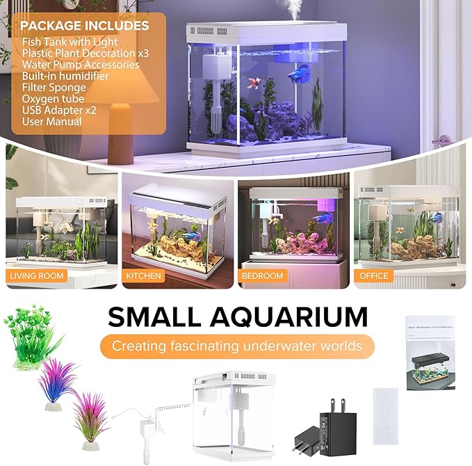 Fish Tank 2.4 Gallon Aquarium Kit with Humidifier 7-Color Auto-Looping 3 in 1 Quiet Pump with Filteration & Oxygenation & Circulation, Temperature Display, HD Glass-PawvioPets