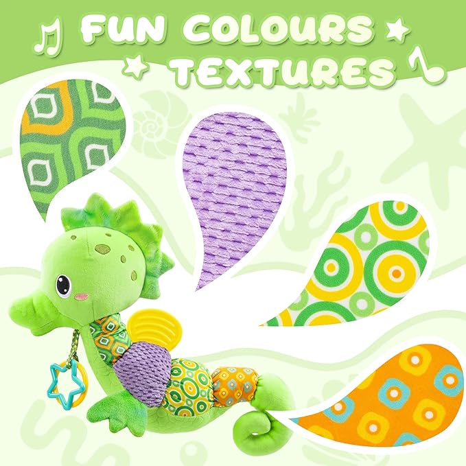 Baby Toys 0 to 12 Months, Musical Stuffed Animal Activity Soft Toys with Multi-Sensory Crinkle, Rattle and Textures, Infant Tummy Time Toys for Newborn Boys Girls, Seahorse, Green-PawvioPets
