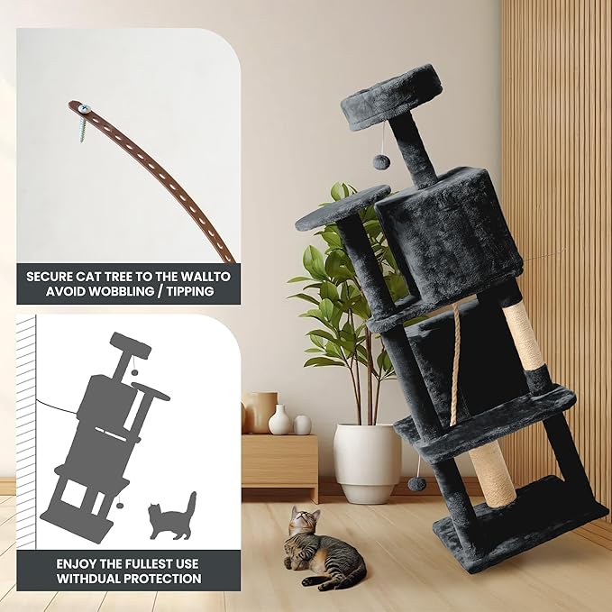59in Large Cat Tree Tower for Indoor Cats with Soft Plush Hang Ball, Two Condos, Sisal Scratch Posts & Rope Play for Kittens/Adult Cats, New Dark Grey-PawvioPets