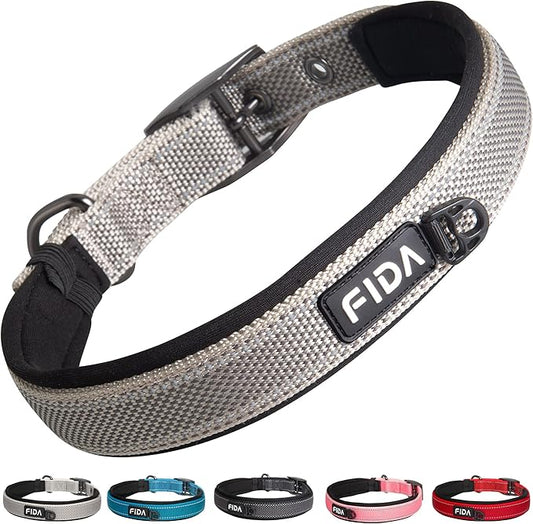 Fida Heavy Duty Dog Collar, Ultra Comfortable Soft Neoprene Padded, Adjustable Reflective Nylon Pet Collar with Durable Metal Belt Buckle for Small Breeds (S, Grey)-PawvioPets