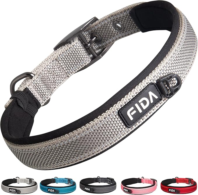 Fida Heavy Duty Dog Collar, Ultra Comfortable Soft Neoprene Padded, Adjustable Reflective Nylon Pet Collar with Durable Metal Belt Buckle for Large Breeds (L, Grey)-PawvioPets