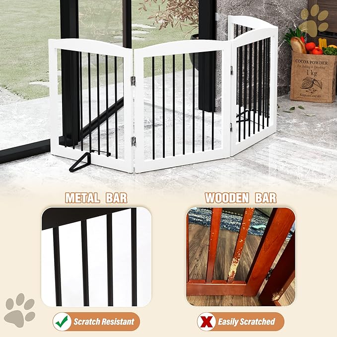 Freestanding Pet Gate for Dogs, Foldable Wooden Dog Gate for House, Indoor Dog Gate for Stair, Doorway, Gates for Dogs Indoor, 80 Inch Wide, 4 Panels 24",White-PawvioPets