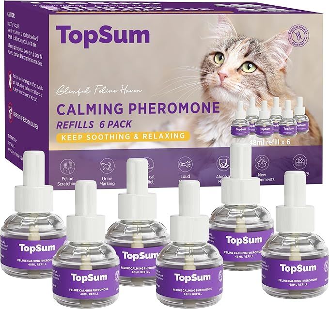 Cat Calming Diffuser Refills: Pheromone Refill for Cats, Long-Lasting 6-Month Supply, Compatible with Most Diffusers, 6 Pack (Purple)-PawvioPets
