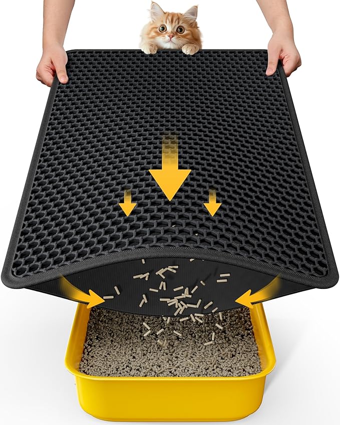 Cat Litter Mat - 23.2'' x 29.1'' Large Litter Trapping Mat, Easy to Clean Litter Box Mat, Waterproof, Urine-Proof, Non-Slip Kitty Litter Mats for Floor, Black-PawvioPets