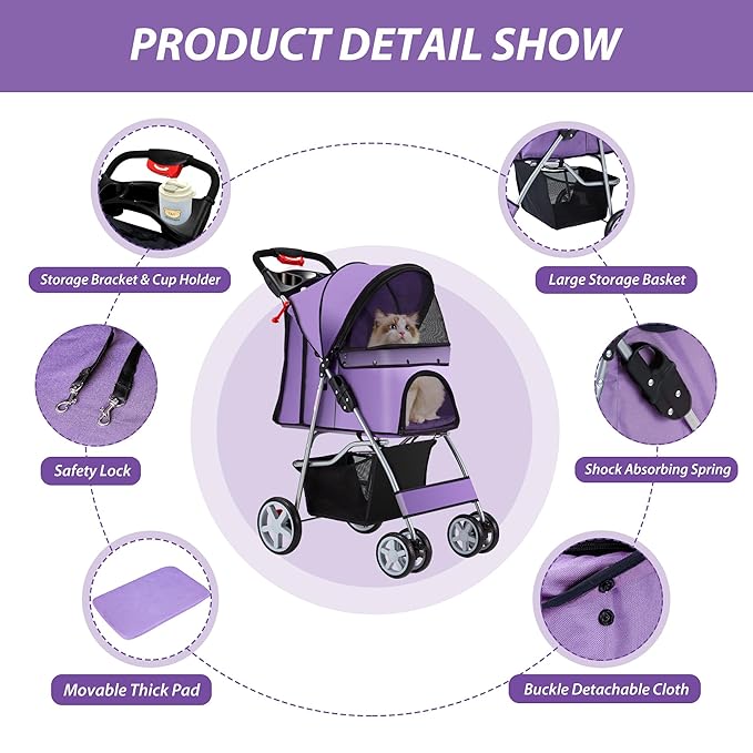 4 Wheels Pet Stroller for Small Medium Dogs Cats 10-33 lbs, Foldable Dog and Cat Stroller with Cup Holder & Storage Basket & Breathable Mesh, Pet Strolling Cart for All-Season, Purple-PawvioPets