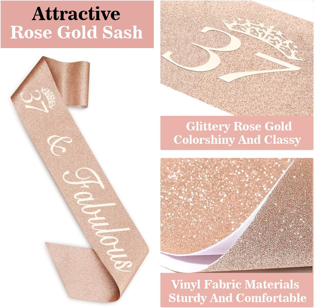 37th Birthday Decorations for Women Including Birthday Sash, Tiara/Crown, Numeral Candles and Cake Topper, 37 Year Old Gifts for Women, Rose Gold Party Decor Supplies