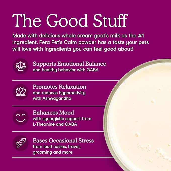 Fera Pets Goat Milk - Calming Supplement for Dogs & Cats - Ashwagandha, L-Theanine, & Passion Flower - Supports Anxiety Relief & Relaxation - for Picky Eaters - 60 TSP-PawvioPets