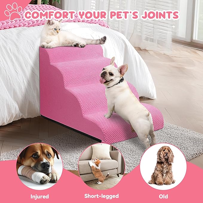 Dog Ramp and Stair for Bed 16" H-20 H,3-Step Cat Stair for Sofa and Chair,4-Step Dog Ramp for High Bed and Window,Durable Nonslip Fabric Cover for Indoor (Pink-20 H, Pet Friendly, 4)-PawvioPets