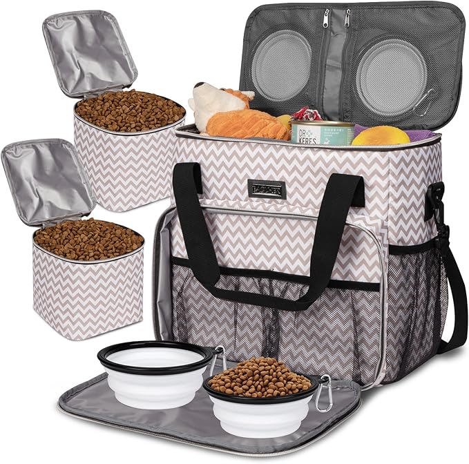BAGLHER Dog Travel Bag, Pet Travel Bag (ALL Pet Travel Supplies), With 2 Pet Food Containers and 2 Collapsible Silicone Bowls; Essential Kits for Pet Travel BLW-PawvioPets