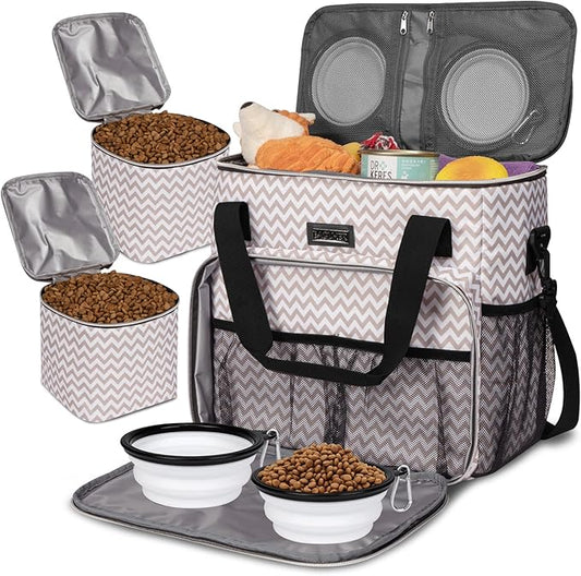 BAGLHER Dog Travel Bag, Pet Travel Bag (ALL Pet Travel Supplies), With 2 Pet Food Containers and 2 Collapsible Silicone Bowls; Essential Kits for Pet Travel BLW-PawvioPets
