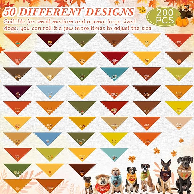 200 Pcs Fall Thanksgiving Dog Bandana Bulk with Sayings Pet Triangle Scarf Bibs Washable Puppy Kerchief Adjustable Grooming Supplies for Small Medium Large Dog Cat Costume Accessories-PawvioPets
