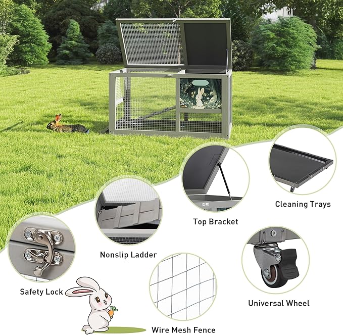 COZIWOW Fashionable Wood 36In Rabbit Hutch Indoor on Wheels Bunny Cage Outdoor Rabbit Cage with Clean Tray, Openable Roof, Anti-Slip Ramp for Small Bunny Rabbit (Grey with Pattern)-PawvioPets