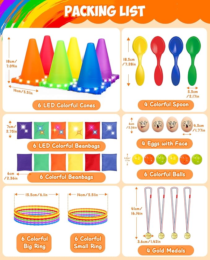 Eocolz 49PCS Carnival Games Outdoor Combo Set for Kids with LED Light, Plastic Cones Obstacle Course Bean Bags Balls Ring Toss Game Egg and Spoon Race Lawn Game, Gift for Birthday Party/Xmas/Easter-PawvioPets