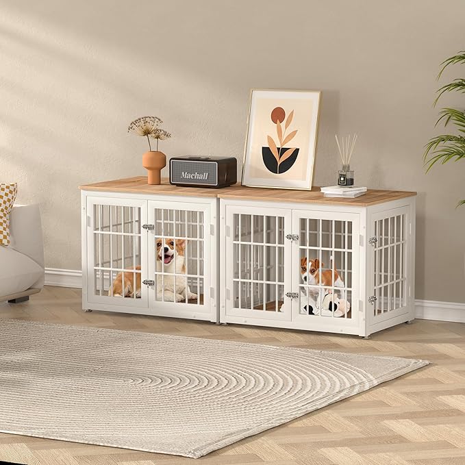 32 Inch Heavy Duty Dog Crate Furniture for Medium and Small Dogs, Decorative Pet House End Table, Wooden Cage Kennel Furniture Indoor, Natural and White-PawvioPets