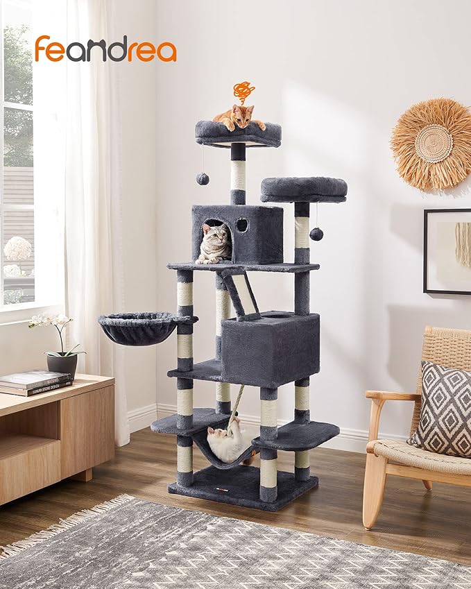 Feandrea Cat Tree, 66.1-Inch Large Cat Tower with 13 Scratching Posts, 2 Perches, 2 Caves, Basket, Hammock, Pompoms, Multi-Level Plush Cat Condo for Indoor Cats, Smoky Gray UPCT165G01-PawvioPets