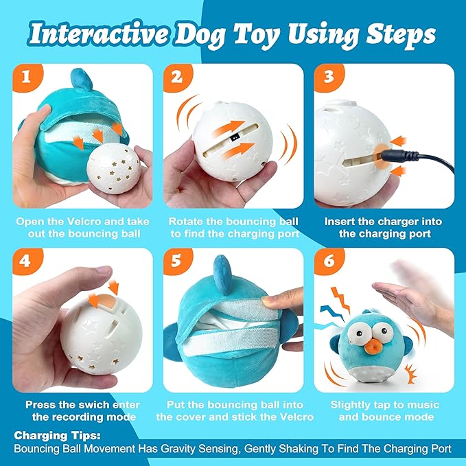 Dog Toys,Rechargeable Crinkle Chew Interactive Squeaky Toy with Jumping Music Moving Ball for Small Medium Large Breed Puppy Toys to Keep Pets Busy (Puffer)-PawvioPets