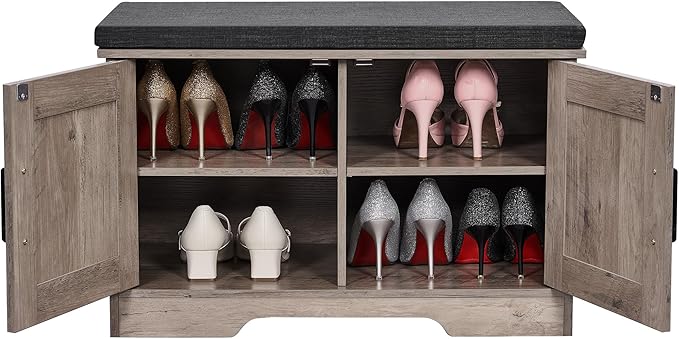 2-Tier Storage Bench, Shoe Bench with Padded Seat Cushion, Entryway Bench with 2 Barn Doors, Adjustable Shelf, 13.8" D x 27.6" W x 17.7" H, for Entryway, Living Room, Bedroom, Greige-PawvioPets