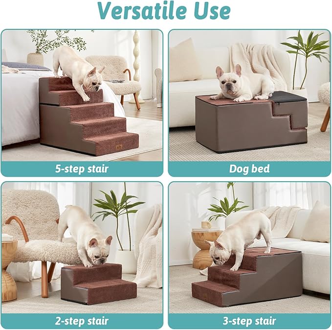 Dog Stairs for Small Dogs, 5 Tier Removable Wider Pet Stairs for Couch and Bed, 23.6" H Non-Slip Dog Steps for Puppies and Old Cats with Support Board, 29.5x19.7x23.6 inch, Brown-PawvioPets