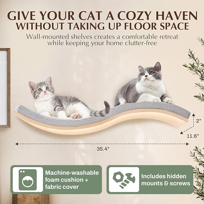 Extra Large 35.4” × 11.6” Stylish Cat Wall Shelves with Soft Cushion, Modern Wall-Mounted Cat Tree Furniture & Perch, Sturdy/Hidden Mounts, Machine Wash Cover, Sleek Design- CALLICO HAVEN Wave S-Shape-PawvioPets