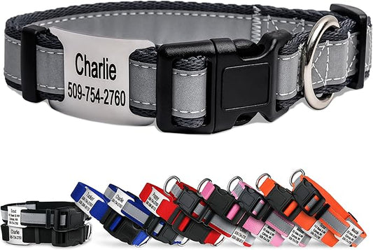 GoTags Reflective Personalized Dog Collar with Nameplate, Adjustable Dog Collar with Custom Engraved Steel Slide On Pet ID Tag, Silent, No Noise Dog Tag for Large Medium or Small (Charcoal, Small)-PawvioPets