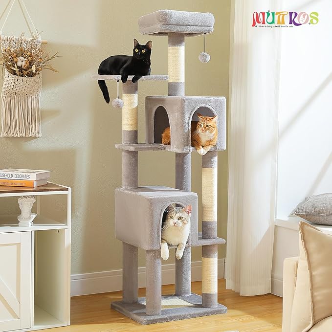 62-Inch Cat Tree for Indoor Cats, Large Cat Tower with Scratching Posts for Large Cats, 2 Bigger Plush Condos, Padded Platform, Soft Cat Bed and Scratching Pad, 2 Pompoms, Gray-PawvioPets