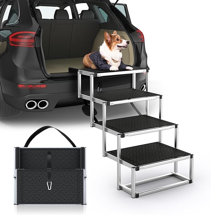 Dog Stairs for Car, Foldable Dog Ramp for Car with Non-Slip Surface, Portable Stairs Aluminum SUV, High Beds, Truck, Supports up to 150 lbs, 4 Steps-PawvioPets