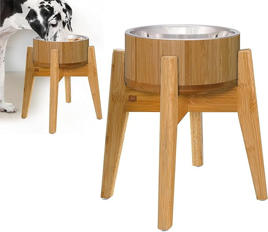 Dog Bowls Elevated, 12-inch High, 5-Cup Cap - Set of Bamboo Holder, Stainless Inner Dish and Stand - Ideal for Medium to Large Breeds - All-Detachable Parts-PawvioPets