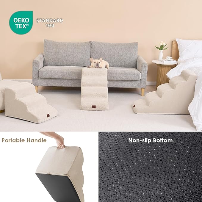 EHEYCIGA Curved Dog Stairs Ramp for High Beds 19.7" H, 4-Step Dog Steps for Small Dogs and Cats, Pet Stairs for High Bed Climbing, Non-Slip Balanced Pet Step Indoor, Beige-PawvioPets