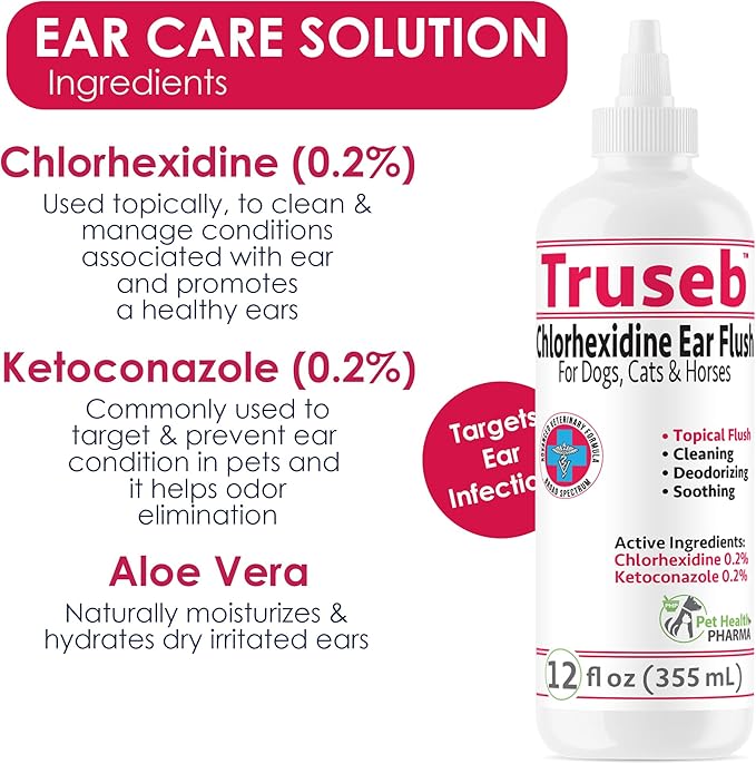 All Natural Ear Flush for Dogs & Cats, Ketoconazole & Chlorhexidine Ear and Vet-Strength Ear wash with a Light Scent (USA) (Ketoconazole & Chlorhexidine Ear Flush, 12 oz)-PawvioPets