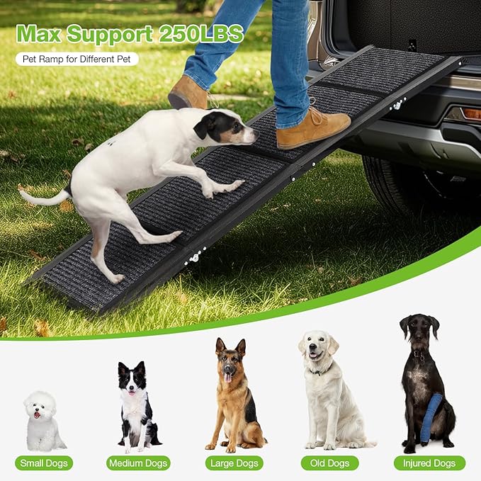 Dog Ramp for Car，63" x 17" Wide Folding Pet Ramp Dog Ramps for Medium & Large Dogs with Non-Slip Rug Surface ，Portable Dog Car Ramp for SUV Car & Truck, Outdoor Dog Ramp Up to 250 LBS-PawvioPets