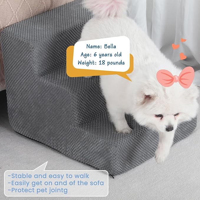 Dog Stairs for Small Dogs & Cats, 3-Step Non-Slip Pet Steps for Couch Sofa and Chair, Grey, 13.6" H-PawvioPets