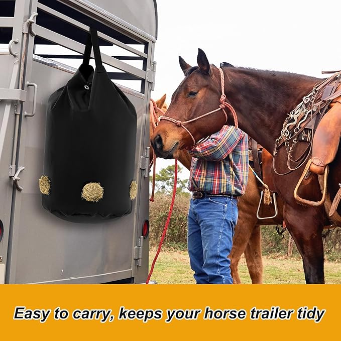 2 Pcs hay Bags for Horses Goats Slow Feed 1680D Oxford Bag Black Large Capacity Net Open Feed Hole Hay Holder for Horse Goats Sheep(5 Holes)-PawvioPets