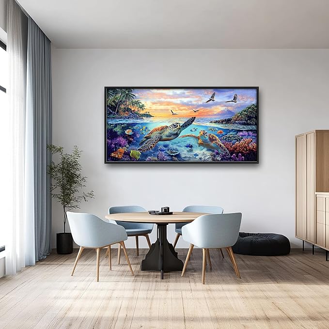Framed Large Sea Turtle Wall Art for Living Room, Oversized Ocean Turtle Wall Decor Seascape Underwater Marine Life Canvas Painting Home Decoration for Living Room Bedroom Office 60"x30"-PawvioPets