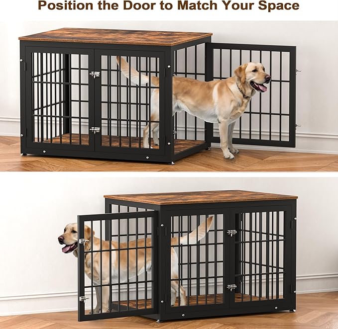 42 Inch Heavy Duty Dog Crate Furniture for Large and Medium Dogs, Decorative Pet House End Table, Wooden Cage Kennel Furniture Indoor, Rustic Brown-PawvioPets