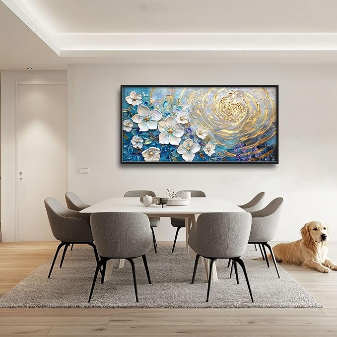 Flower Large Wall Art White Floral Pictures Abstract Golden Spiral Texture Wall Decor Canvas Print Painting Artwork for Bathroom Living Room Bedroom 60L" x 30W"-PawvioPets