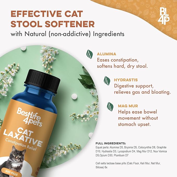 Cat Laxative Constipation Relief, Natural Cat Stool Softener Remedy for Irregular Bowel Movements Without Feline Diarrhea, Supports Feline Digestion & Gas Pain Relief, 400 Odorless, Tasteless Pills-PawvioPets
