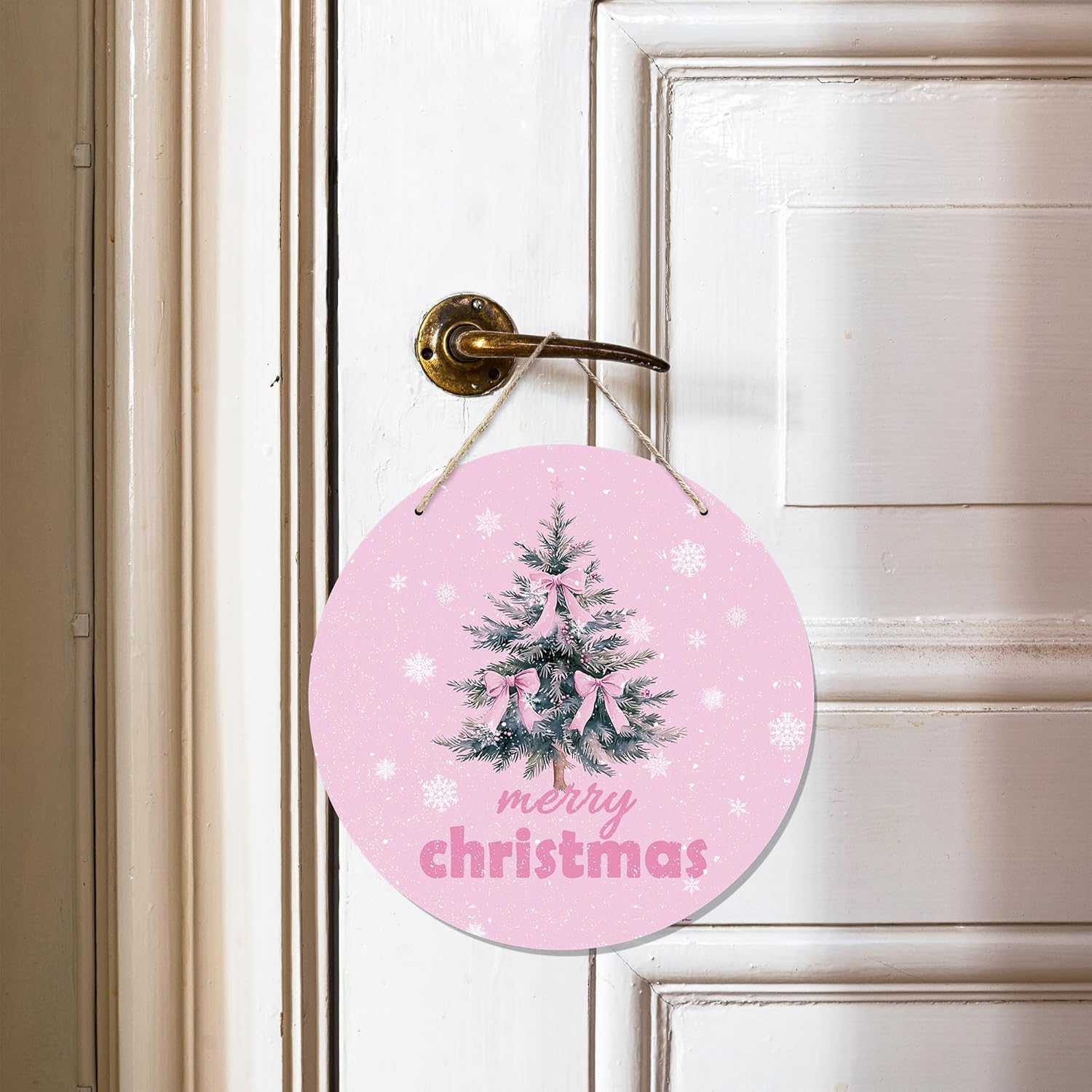 CGBHW Pink Christmas Wooden Sign, Coquette Aesthetic Christmas Tree Xmas Bows Hanging Sign Wall Decor for Girls Room Home, Winter Holiday Snowflake Door Decor 12 x 6 Inch