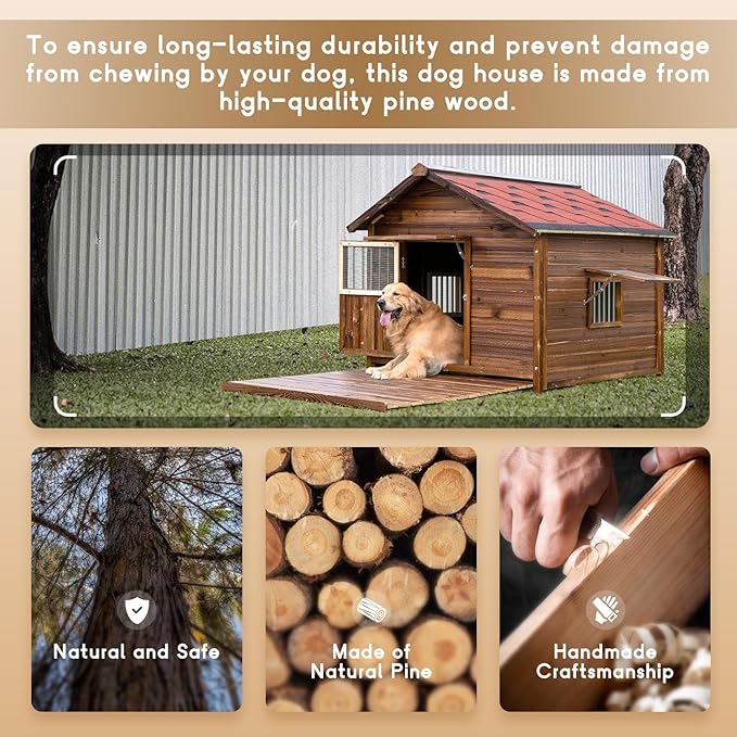 Extra Large Dog House Outdoor Made of Solid Pine Wood, Warm Doghouse, Dog House with Elevated Floor for Large Dogs, (Wood, 3XL)-PawvioPets