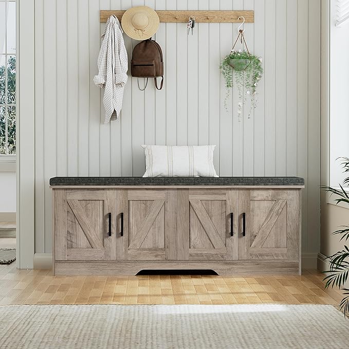 2-Tier Storage Bench, Shoe Bench with Padded Seat Cushion, Entryway Bench with 4 Barn Doors, Adjustable Shelf, 13.8" D x 47.2" W x 17.7" H, for Entryway, Living Room, Bedroom, Greige-PawvioPets