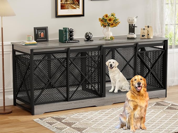 COZPAW 78 Inch Double Dog Crate Furniture, Extra Large Dog Kennel Indoor for Medium Large 2 Dogs, Heavy Duty Dog Cage Chew-Resistant Steel and Wooden Pet House with Removable Divider (Grey)-PawvioPets