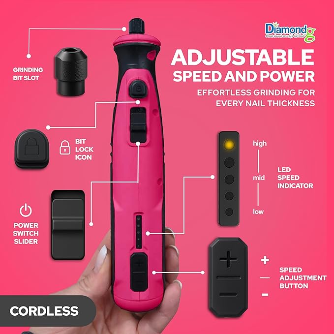 Diamondg Cordless Dog Nail Grinder with Quiet Sound & LED Tip for Large & Small Dogs, 4hrs. Runtime, 2 Bits Included, Pink-PawvioPets