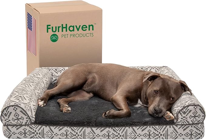 Furhaven Orthopedic Dog Bed for Large/Medium Dogs w/ Removable Bolsters & Washable Cover, For Dogs Up to 55 lbs - Plush & Southwest Kilim Woven Decor Sofa - Boulder Gray, Large-PawvioPets