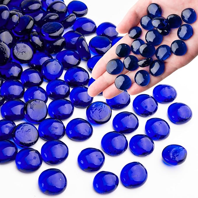 Blue Glass Marbles, 0.97 LB Transparent and Smooth Flat Glass Beads for Vases, Mosaic Gem Pebbles for Aquarium Decor, Floral Arrangements, Mancala Stones, Vase Filler and Crafts (Approx. 80-100 PCS)-PawvioPets