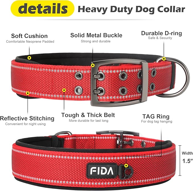 Fida Heavy Duty Dog Collar 1.5” Width, Ultra Soft Neoprene Padded, Adjustable Reflective Nylon Pet Collar with Two Metal Pin Belt Buckle for Large/X-Large Breeds (XL, Red)-PawvioPets