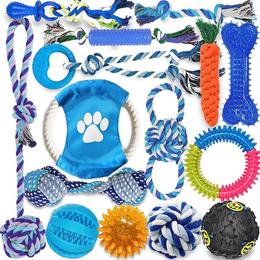 Dog Toys 15 Pack for Teeth Cleaning and Fun, Puppy Teething Chew Toys Interactive Rope Squeaky Treat Balls & Rubber Tous Bulk– Variety Dog Gifts Set Reduce Anxiety & Save Furniture-PawvioPets