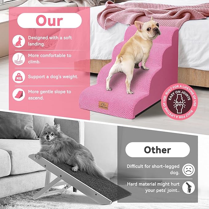 Dog Ramp and Stair for Bed 16" H-20 H,3-Step Cat Stair for Sofa and Chair,4-Step Dog Ramp for High Bed and Window,Durable Nonslip Fabric Cover for Indoor (Pink-20 H, Pet Friendly, 4)-PawvioPets