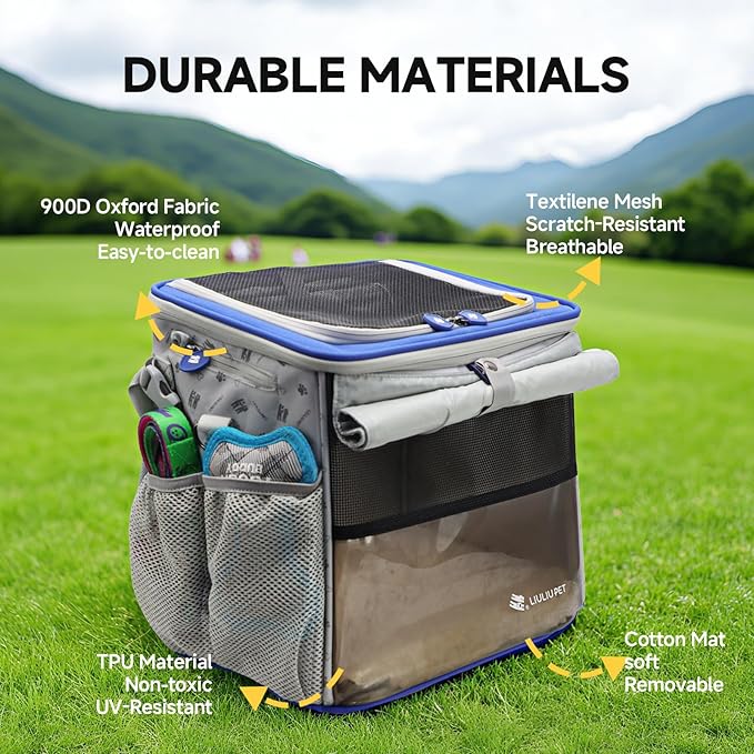 Cat and Dog Backpack Carrier, Breathable Cycling Pet Bag with Mesh Ventilation, Portable Outing Traveling Pet Bag with Top Waterproof Fabric for Small, Medium Cats, Small Dogs, Blue-PawvioPets