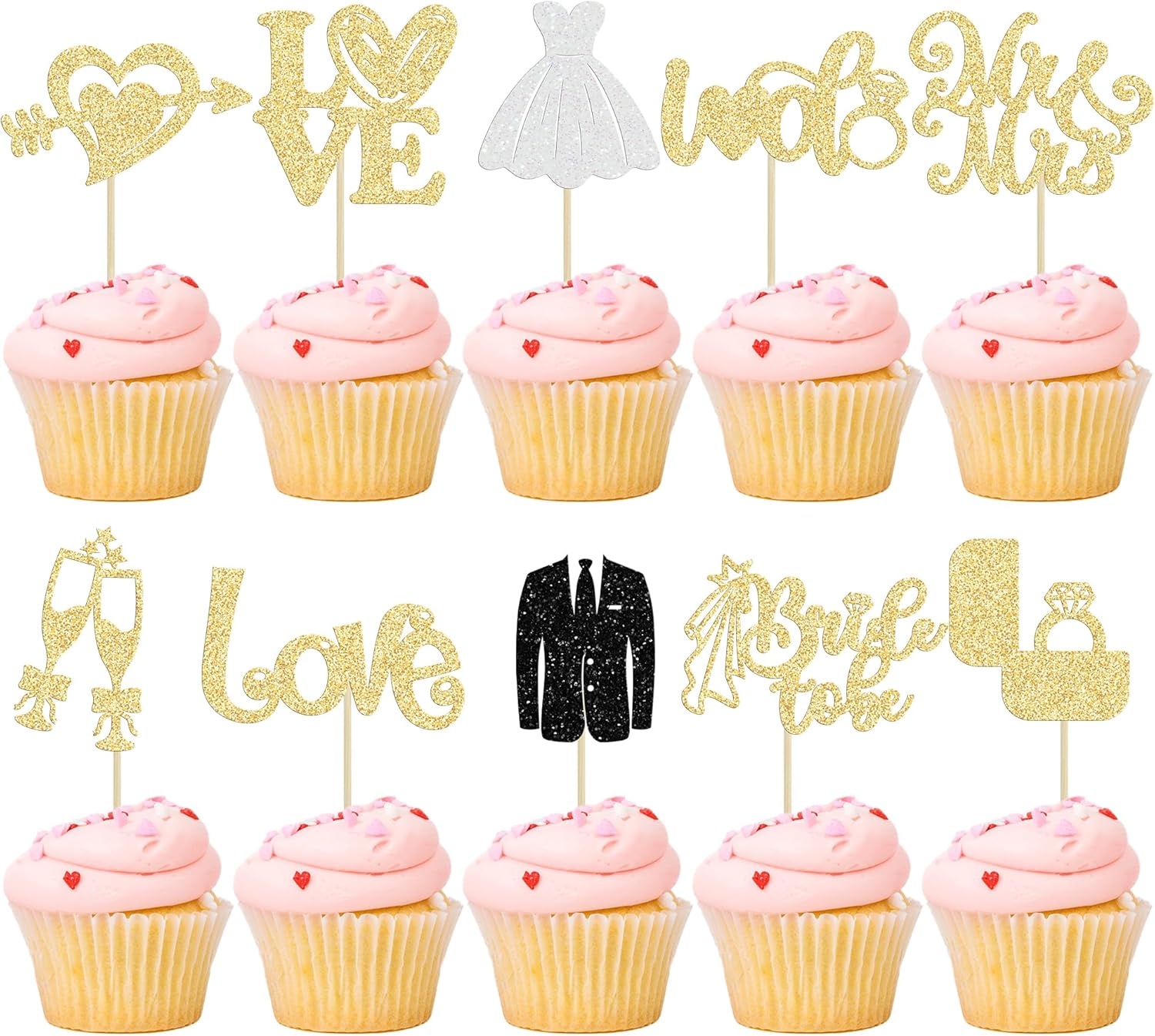 Ephlyn 30Pcs Bride to be Cupcake Toppers Glitter Diamond Ring Love I Do Cupcake Picks for Miss to Mrs Bridal Shower Wedding Engagement Bachelorette Cupcake Decorations Party Supplies Gold