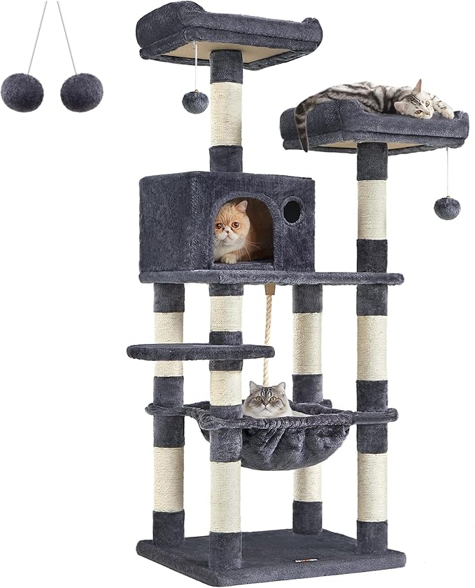 FEANDREA Cat Tree, Cat Tower for Indoor Cats, 56.3-Inch Cat Condo with Scratching Posts, Hammock, Plush Perch, Smoky Gray UPCT15GYZ-PawvioPets