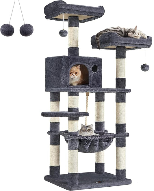FEANDREA Cat Tree, Cat Tower for Indoor Cats, 56.3-Inch Cat Condo with Scratching Posts, Hammock, Plush Perch, Smoky Gray UPCT15GYZ-PawvioPets